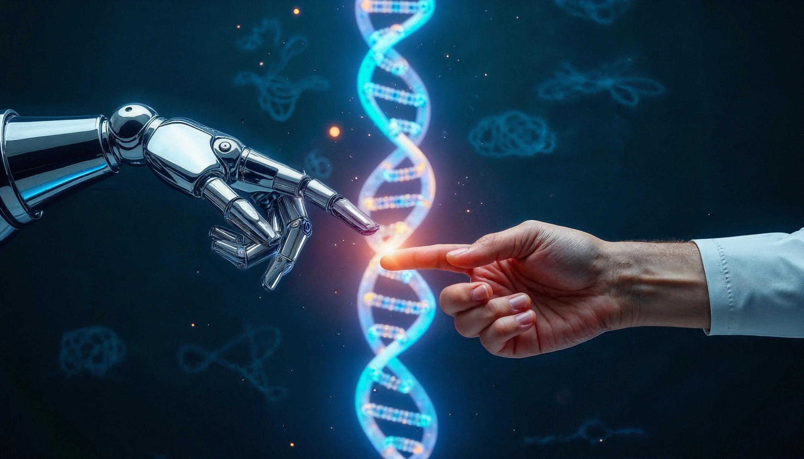 AI-powered robot and human hands meet, symbolizing AI in genetic testing.