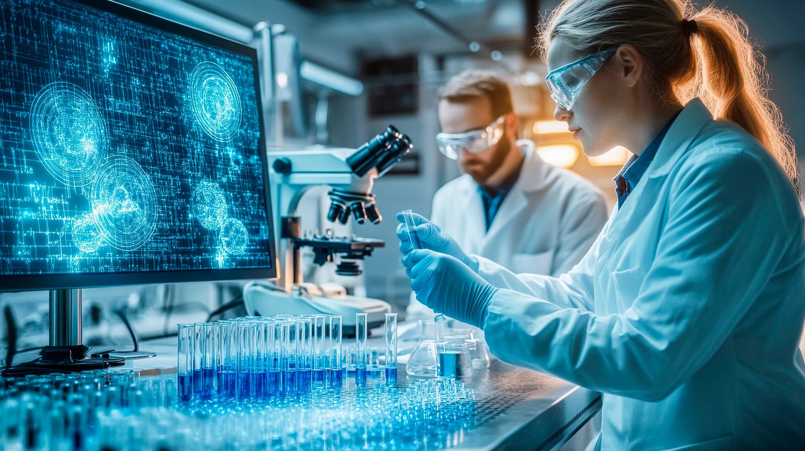 Precision Medicine scientists analyze DNA data for personalized disease treatment in labs