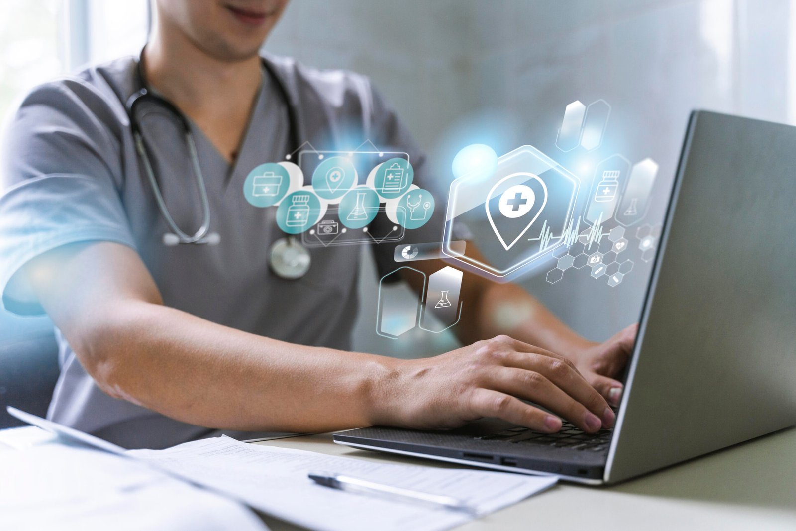 Doctor using laptop for digital health records and telemedicine in modern healthcare setting